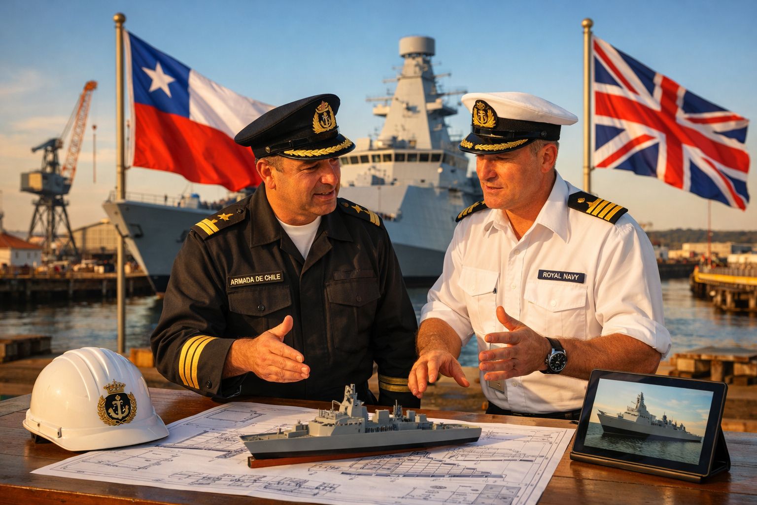 Dois oficiais navais, um do Chile e outro do Reino Unido, discutem planos junto a maquete e mapas num porto.