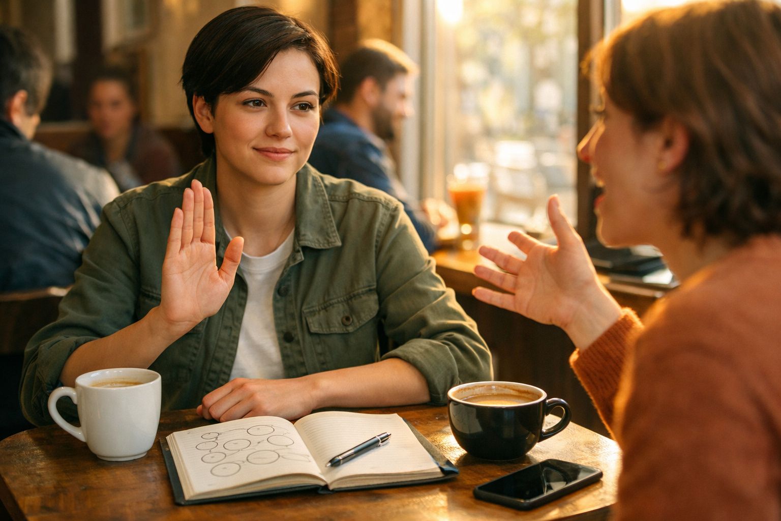 Duas mulheres conversam numa cafetaria, uma levanta a mão a sinalizar algo, com cadernos e café à frente.