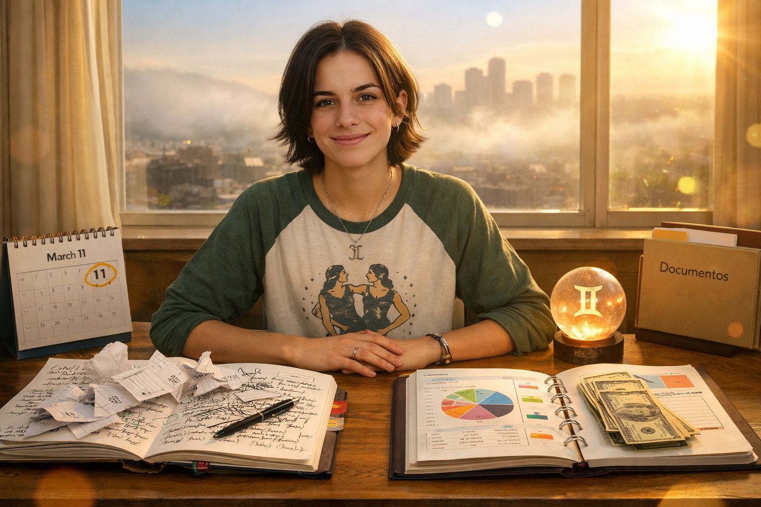 Jovem sentada numa secretária com notas, documentos, calendário assinalado e bola luminosa do signo Gémeos.