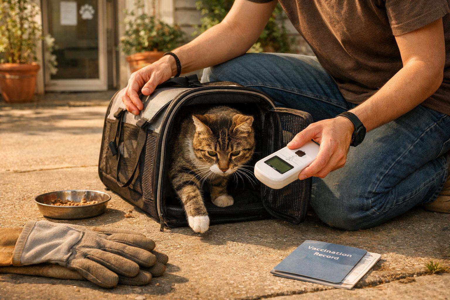 Pessoa usa leitor microchip para gato a sair de transportadora, com luvas, comida e cartão de vacinação no chão.