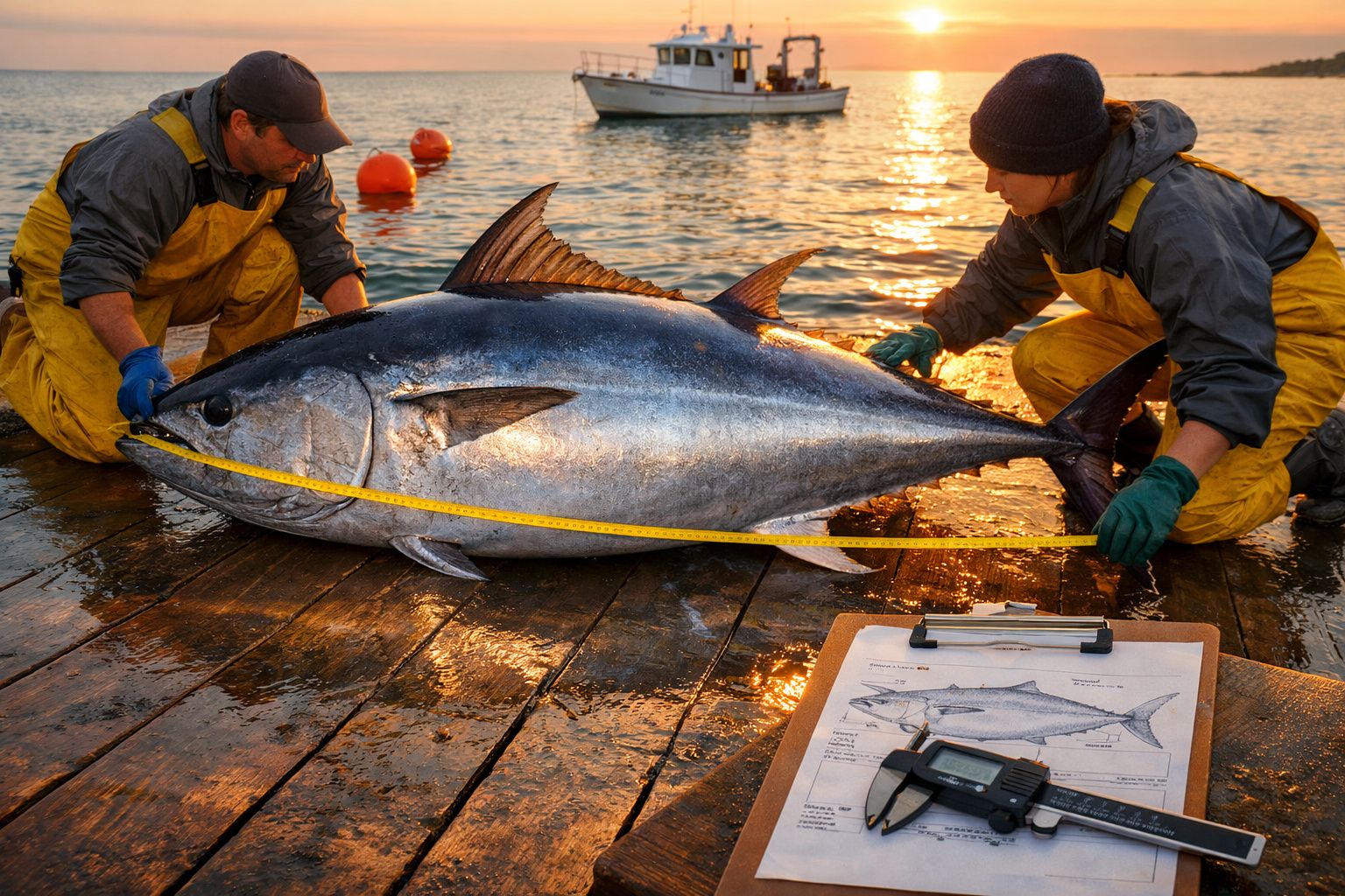Dois pescadores medem um atum gigante num cais ao pôr do sol, com barco e documentação científica visíveis.