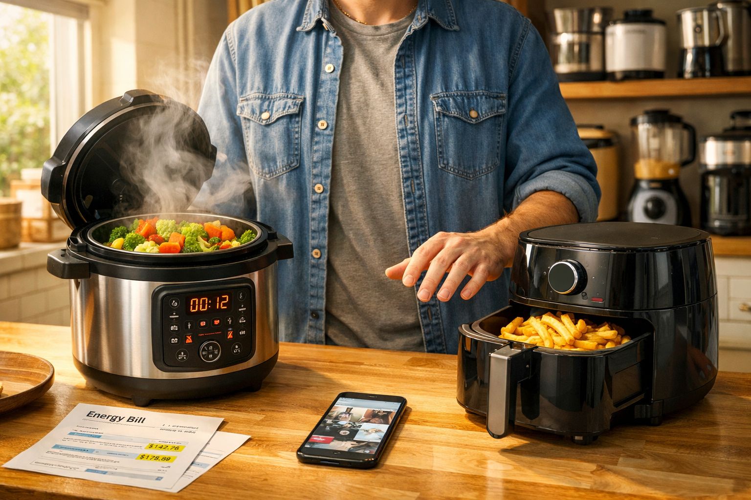 Pessoa cozinha legumes a vapor numa panela elétrica enquanto usa uma fritadeira de ar para preparar batatas fritas.
