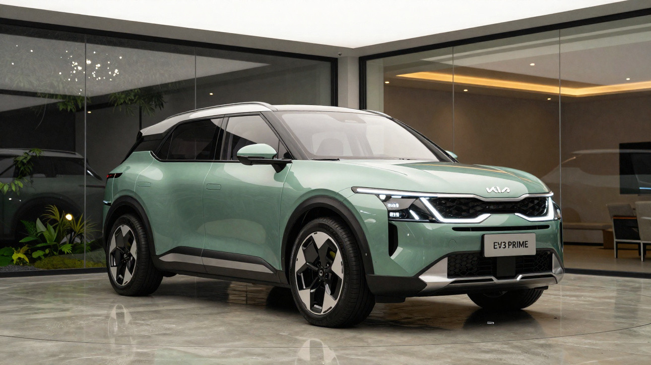 Carro elétrico Kia EV3 Prime verde estacionado em garagem moderna com paredes de vidro.
