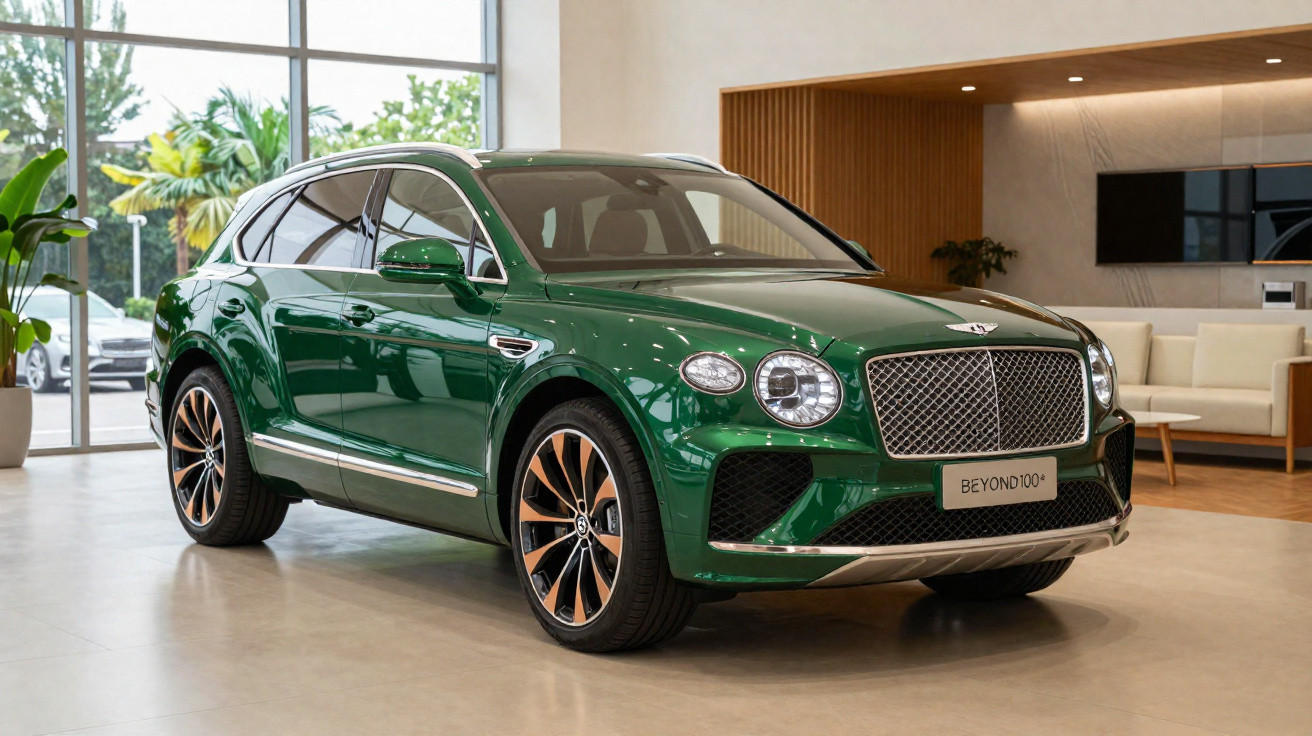 Bentley Bentayga verde estacionado num show-room moderno com sofás ao fundo.