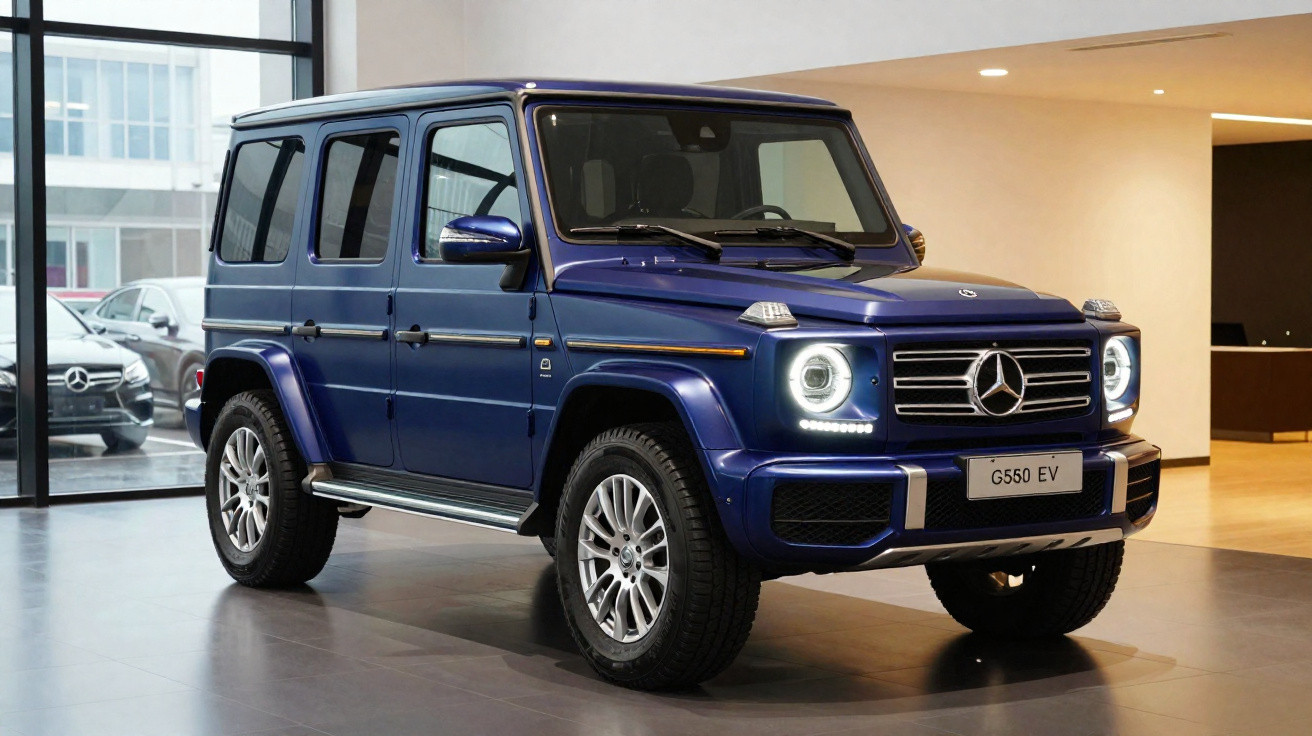 Mercedes-Benz G550 EV azul estacionado em showroom moderno com janelas grandes.