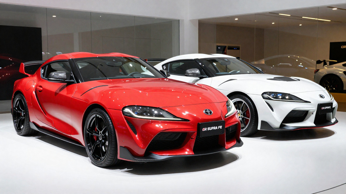 Dois carros desportivos Toyota GR Supra, um vermelho e outro branco, expostos em interior iluminado.