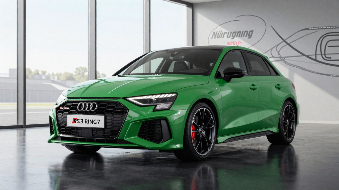 Carro Audi RS3 verde numa sala moderna com janelas grandes e grafismo de Nürburgring na parede.