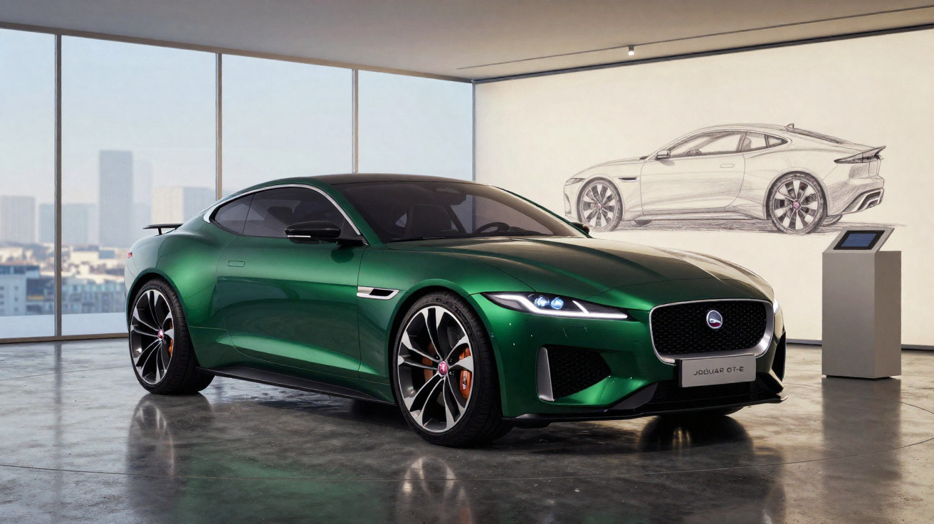 Carro desportivo verde estacionado numa sala moderna com grande janela e esboço de carro na parede.