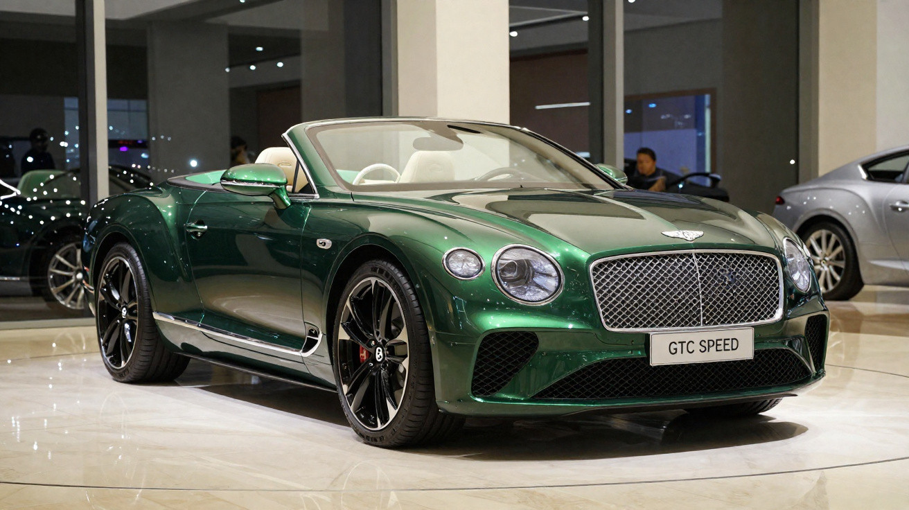 Carro desportivo descapotável verde Bentley GTC Speed estacionado em showroom moderno.