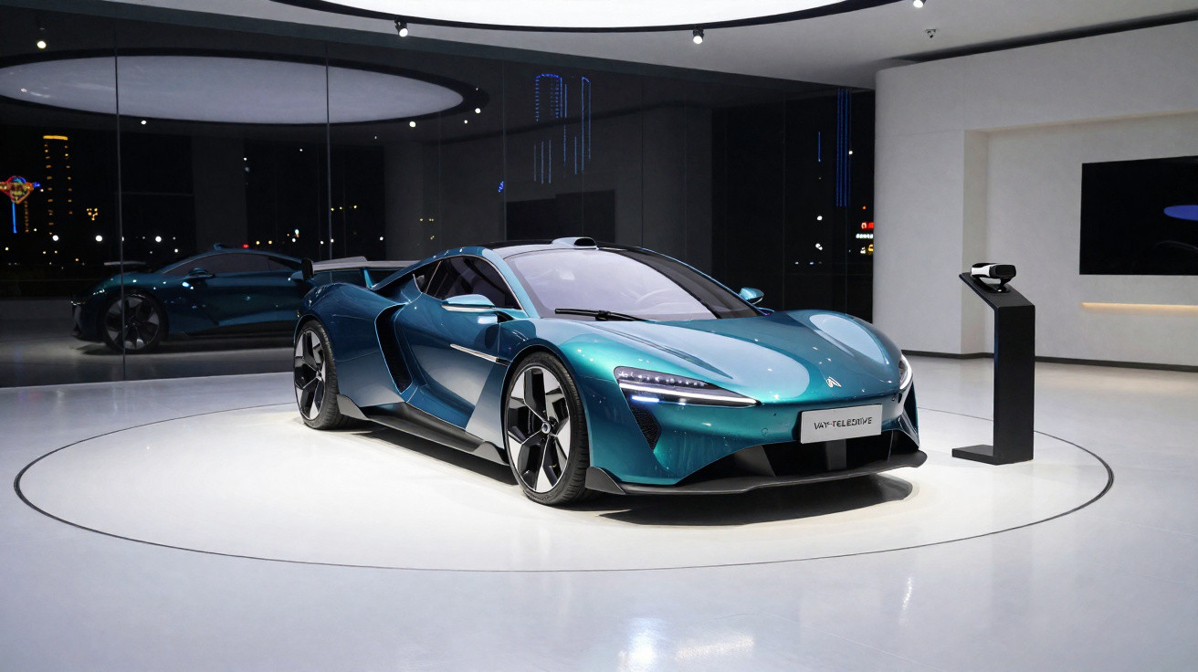 Carro desportivo elétrico azul metálico exposto num espaço moderno e iluminado interiormente.