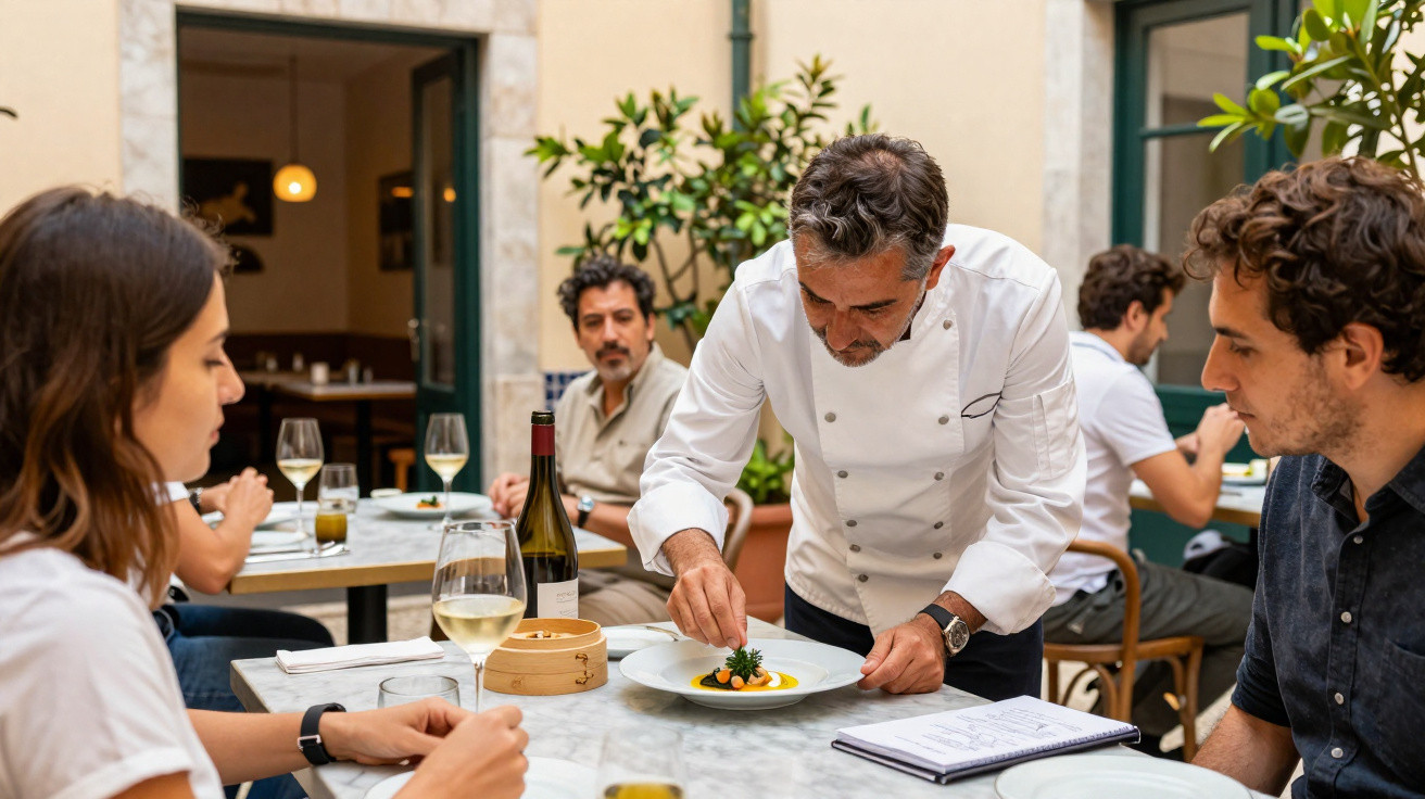 Chef a servir prato gourmet a casal num restaurante com ambiente acolhedor e elegante ao ar livre.