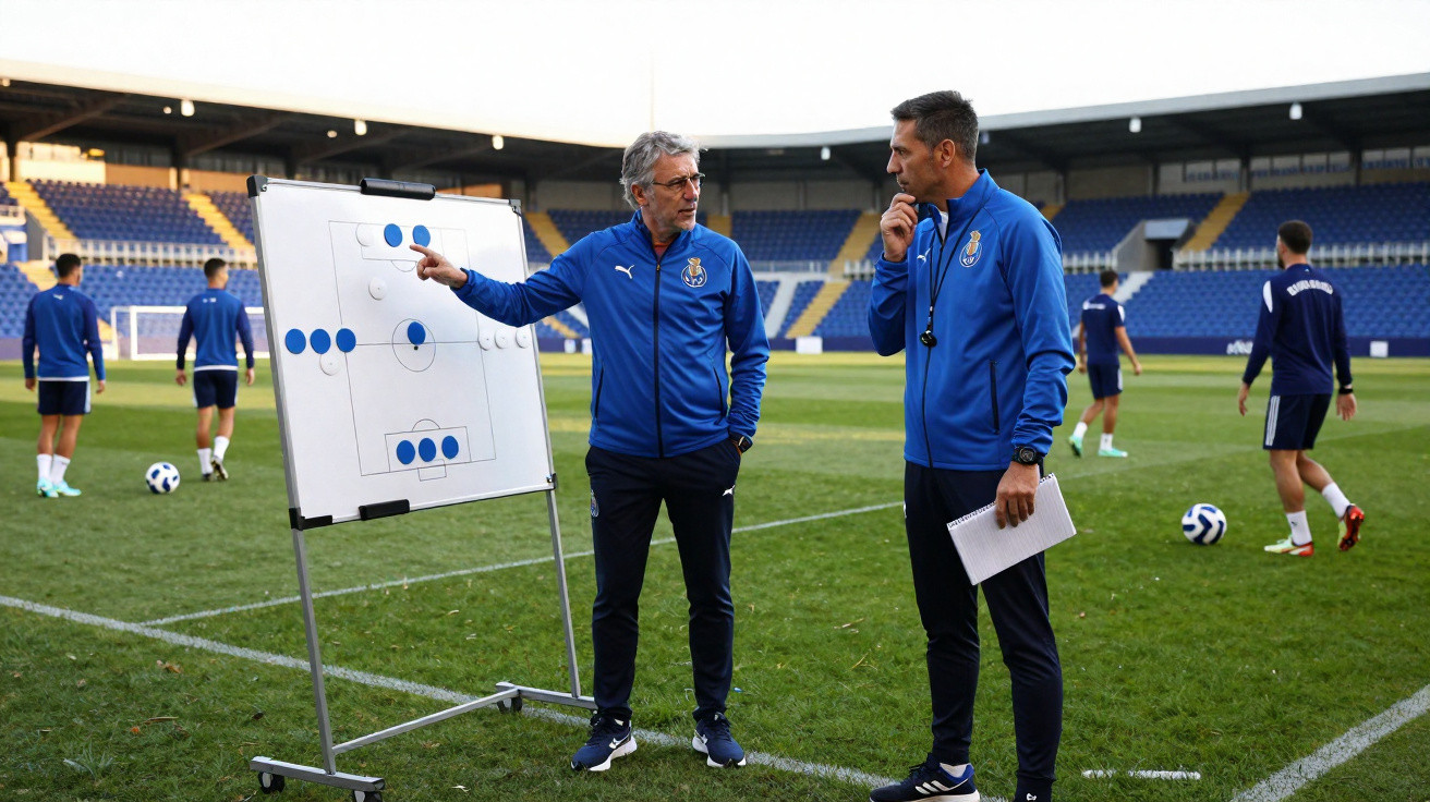 Dois treinadores discutem tática com quadro de futebol num estádio durante treino da equipa em campo.