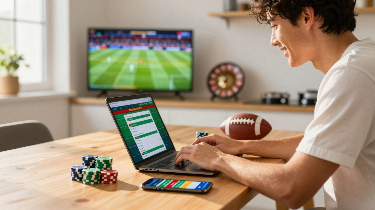Jovem feliz a apostar online em jogos de desporto com computador portátil e smartphone numa mesa de madeira.