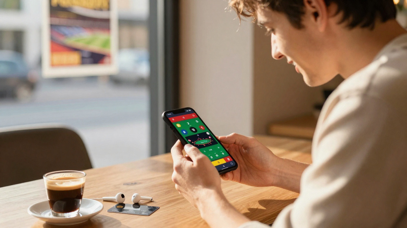 Jovem sentado numa mesa com café, auscultadores e cartão, a jogar no telemóvel numa aplicação colorida.