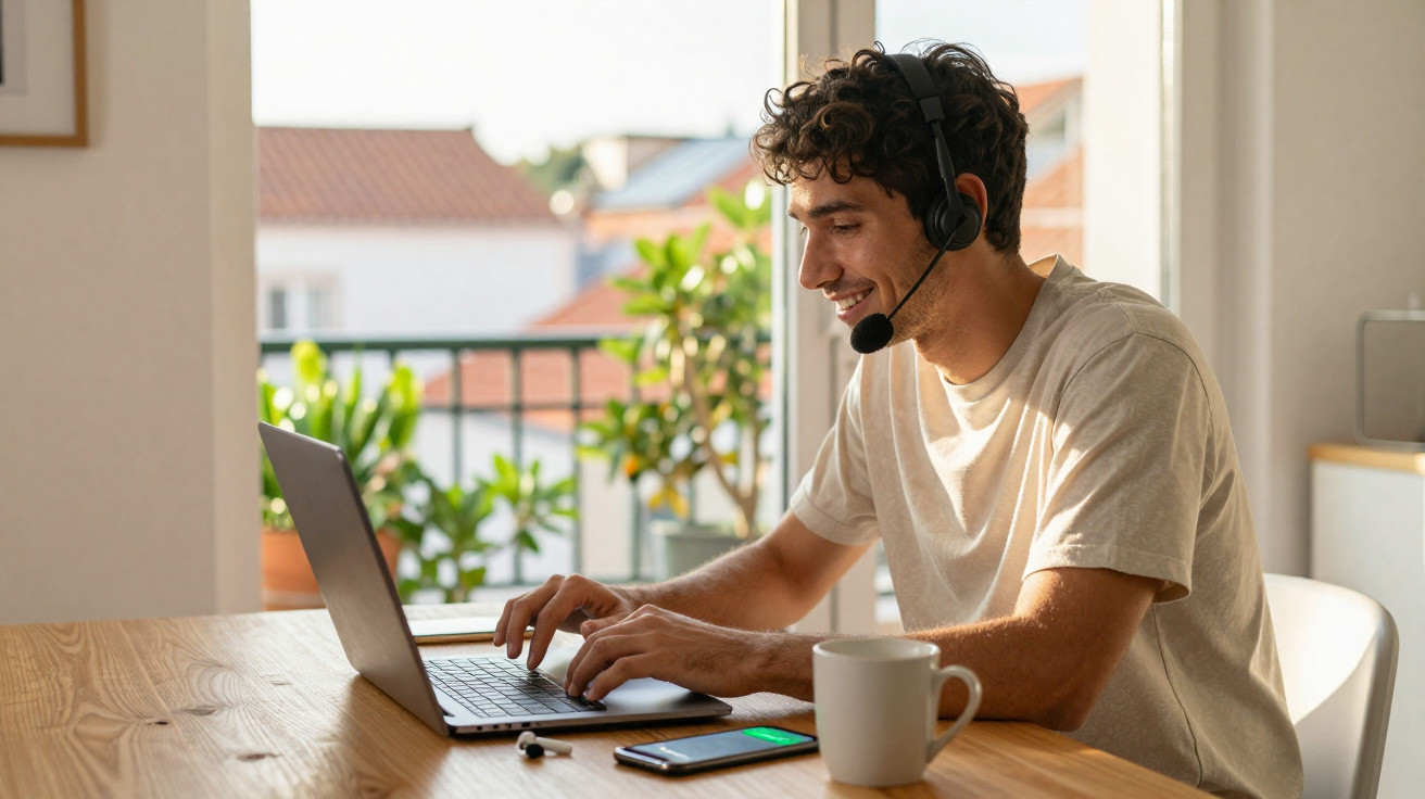 Homem com headset a trabalhar num portátil junto a uma janela, com smartphone e caneca na mesa.