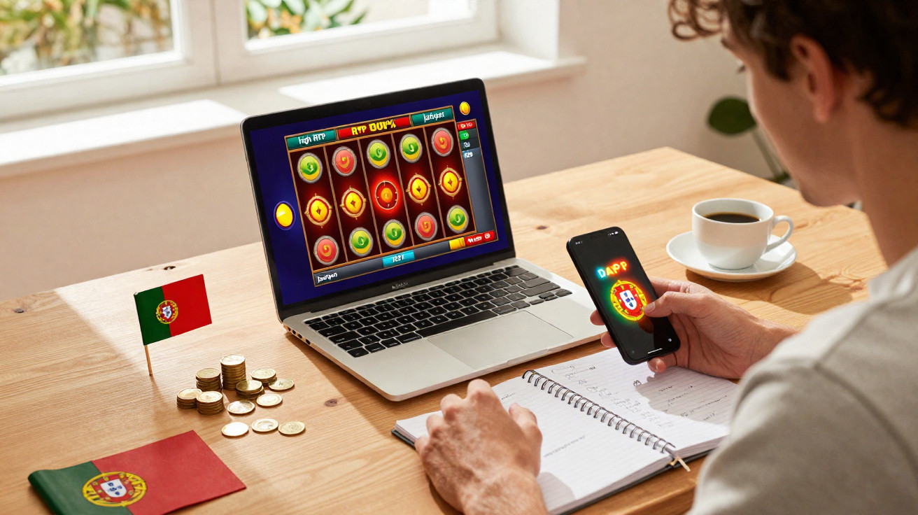 Pessoa a jogar jogo digital com símbolos coloridos no portátil e telemóvel, com moedas e bandeira de Portugal na mesa.