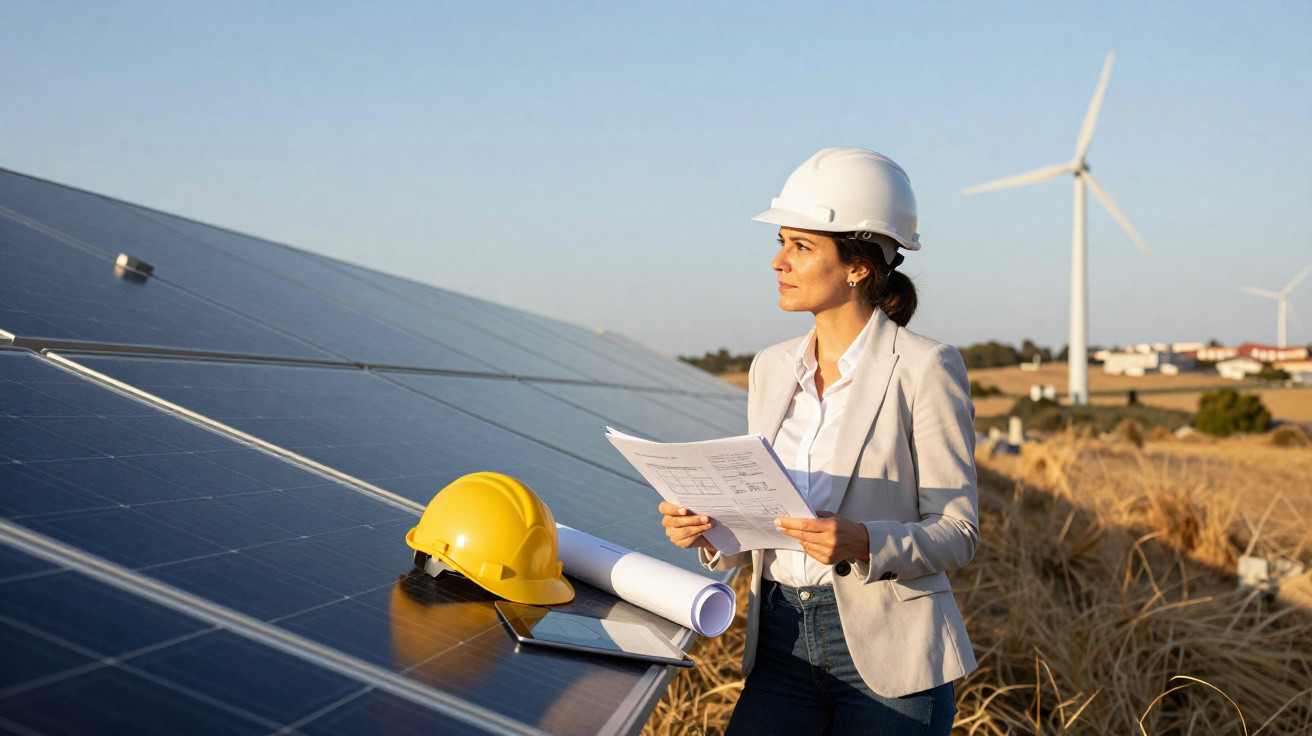 Engenheira com capacete branca analisa documentos junto a painéis solares e turbinas eólicas num campo.
