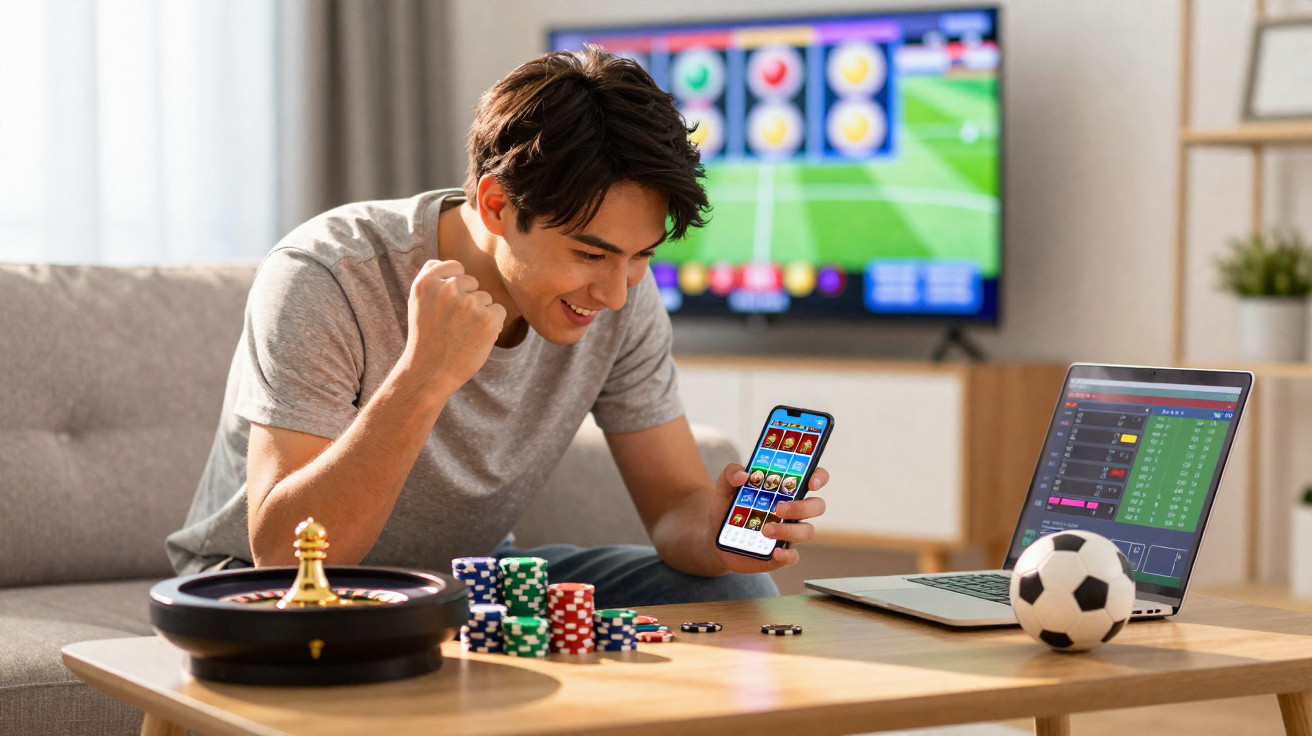 Jovem a celebrar vitória em apostas desportivas online com fichas de poker, telemóvel e computador à frente.