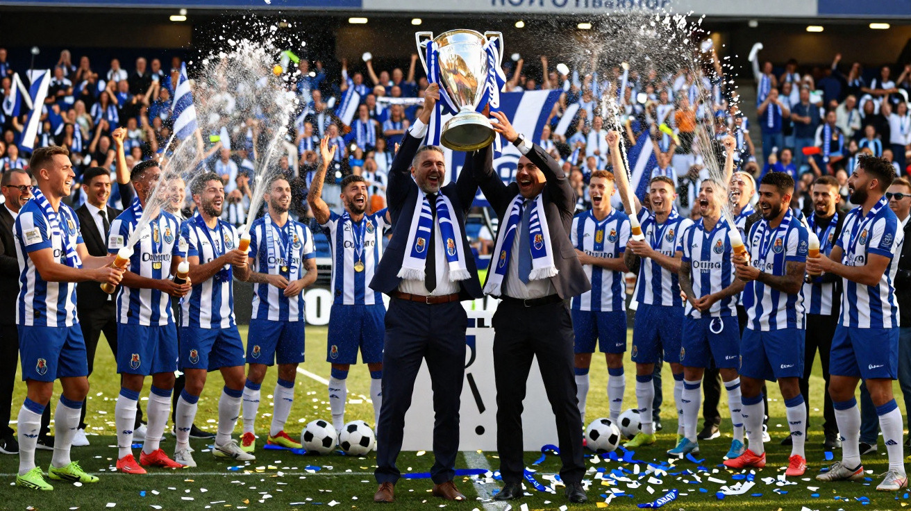 Equipa de futebol do FC Porto celebra vitória com troféu e champanhe no relvado rodeada por adeptos e confetes.