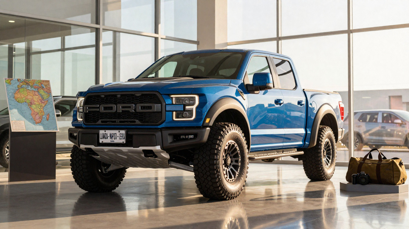 Pickup azul Ford Ranger Raptor em destaque dentro de um showroom moderno com mala e câmera ao lado.
