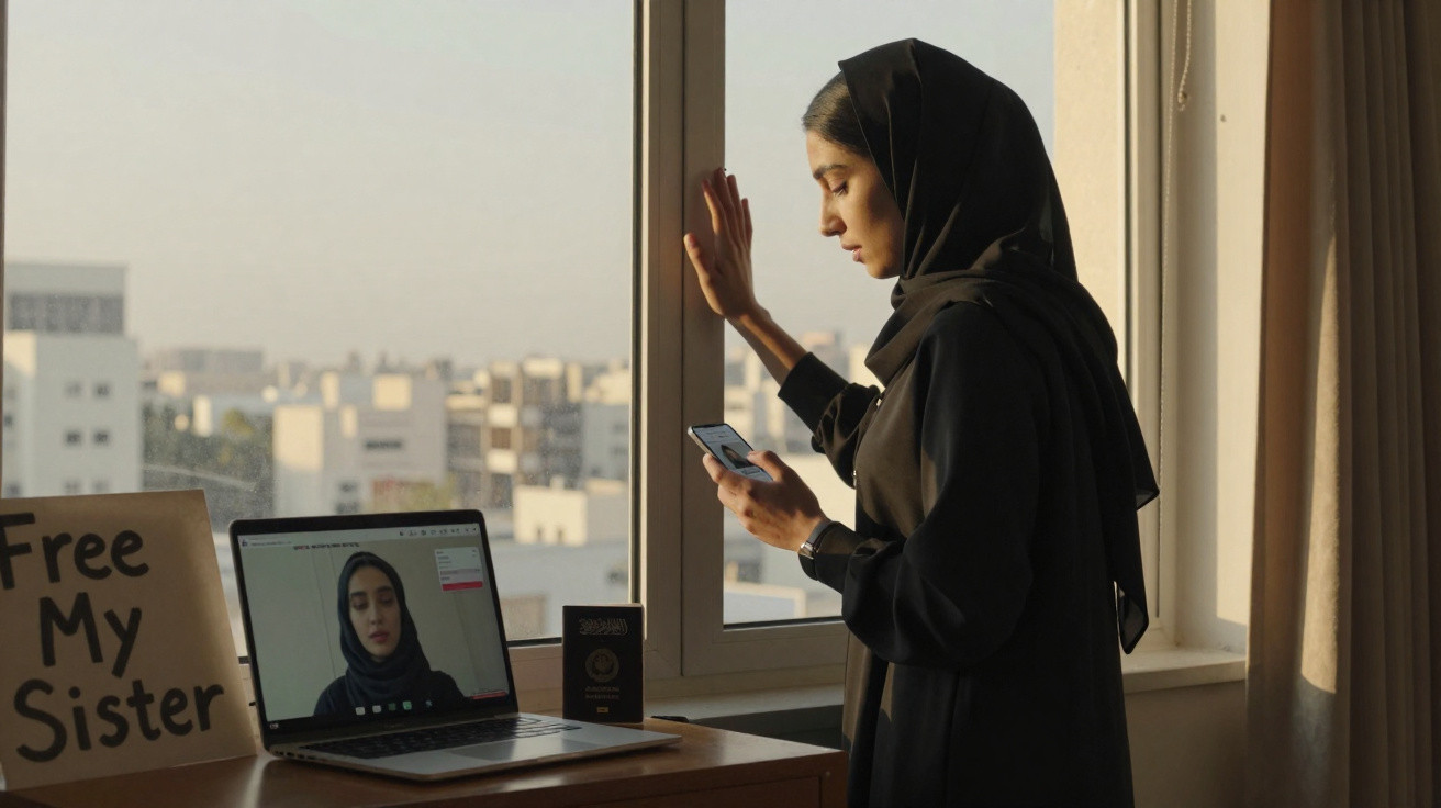 Mulher árabe de hijab ao telemóvel junto à janela, laptop com videochamada e placa "Free My Sister".