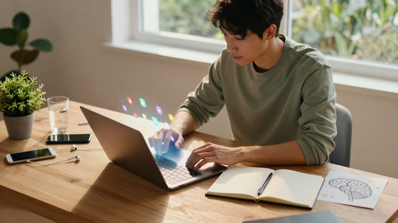 Homem jovem sentado a trabalhar num portátil com aplicações virtuais numa mesa com caderno e telemóveis.
