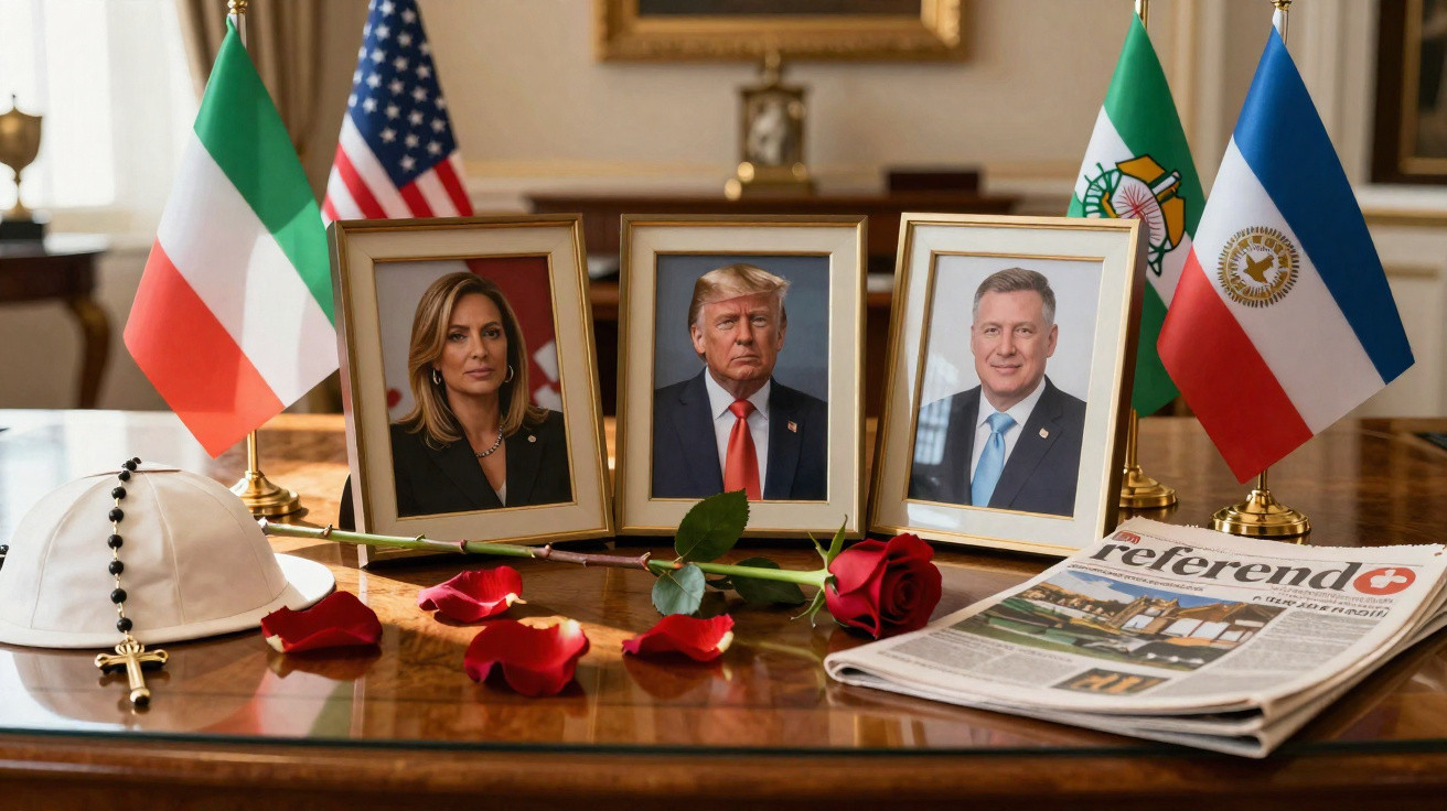 Retratos de três pessoas em molduras douradas sobre uma mesa com rosas vermelhas, jornais e bandeiras ao fundo.