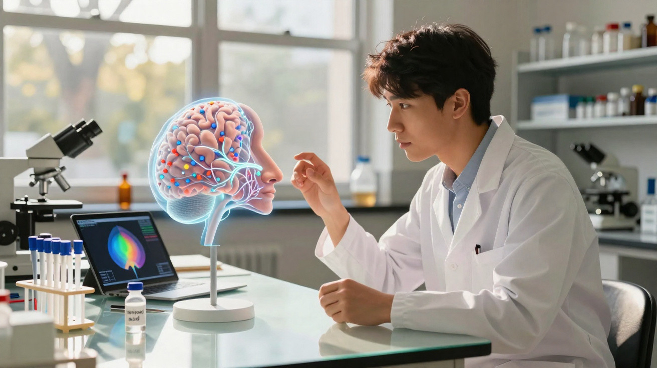 Cientista em laboratório observa modelo digital do cérebro humano numa mesa com microscópio e tubos de ensaio.