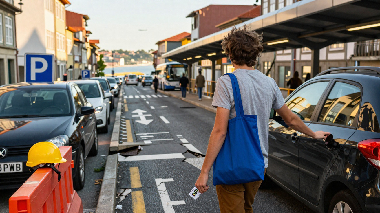 Jovem com mochila azul caminha numa rua com carros estacionados e marcas de obra no chão.