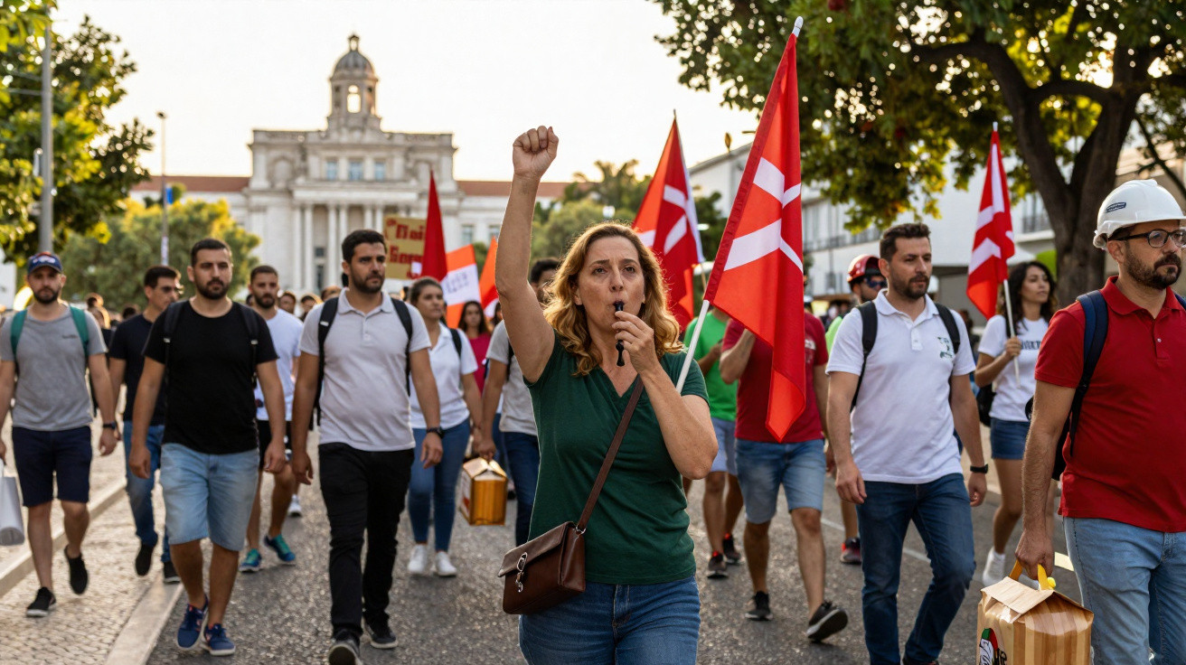Manifestantes em marcha com bandeiras vermelhas e mulher a falar ao apito em ambiente urbano com árvores e edifício ao fundo.