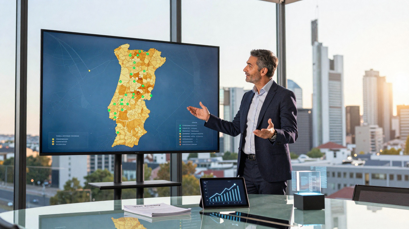 Homem de negócios apresenta mapa de Portugal e gráficos numa sala de reunião com vista urbana ao pôr do sol.