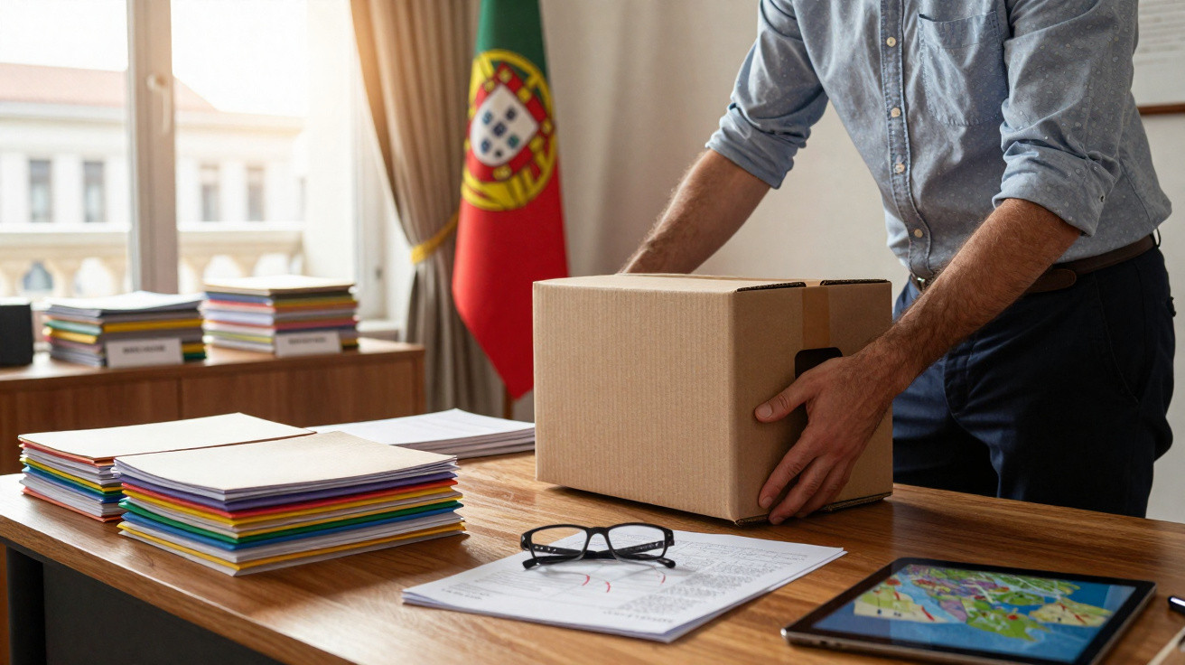 Pessoa a arrumar caixa de cartão numa mesa com documentos, óculos e bandeira de Portugal ao fundo.
