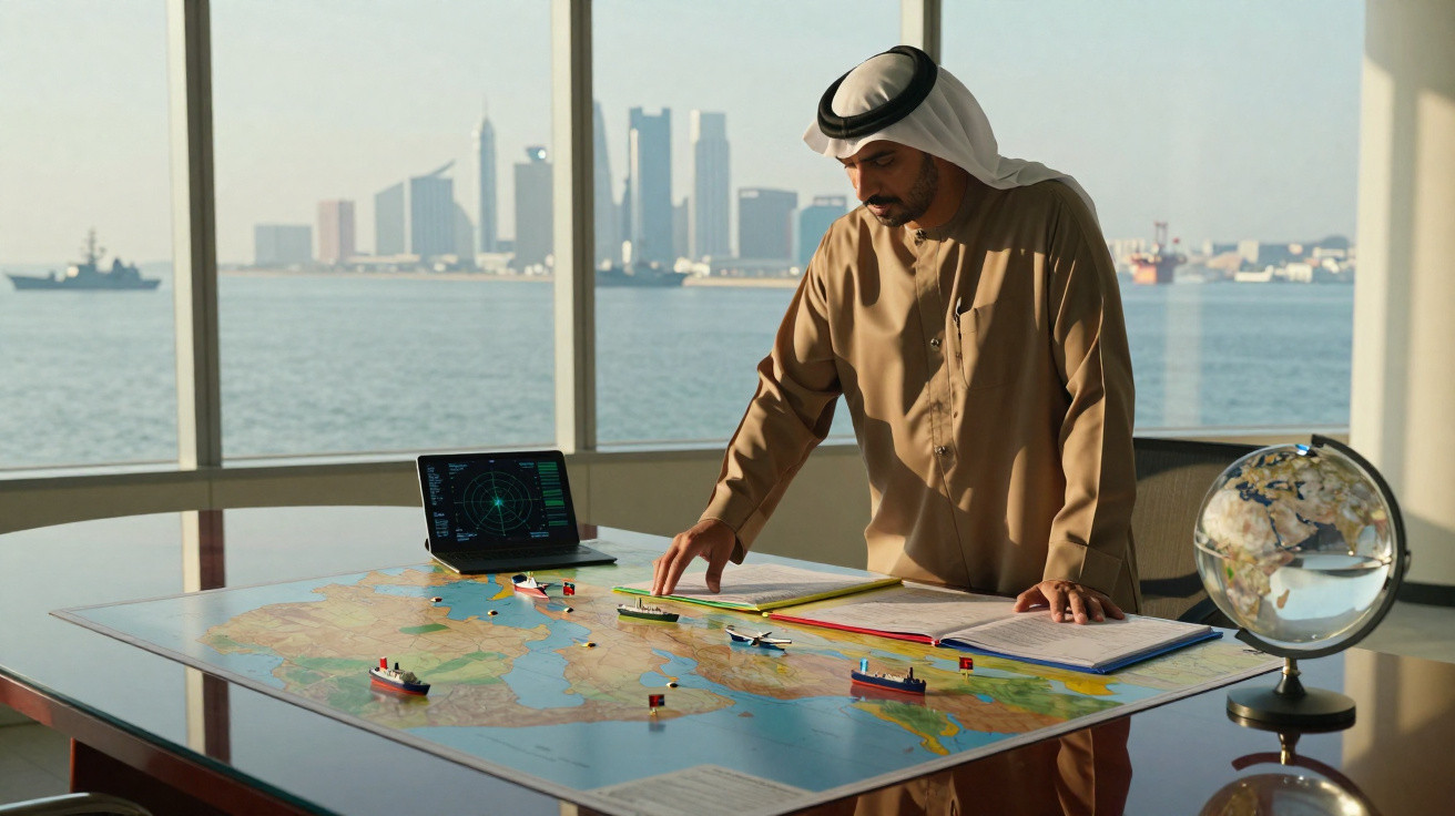 Homem árabe com traje tradicional analisa mapa marítimo e planeia rotas numa sala com vista para o mar.