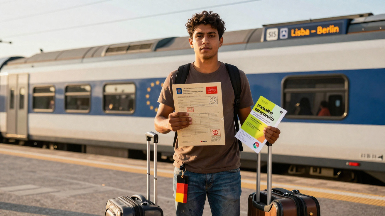 Jovem na estação de comboios com malas e documentos para trabalho temporário em Lisboa-Berlín.