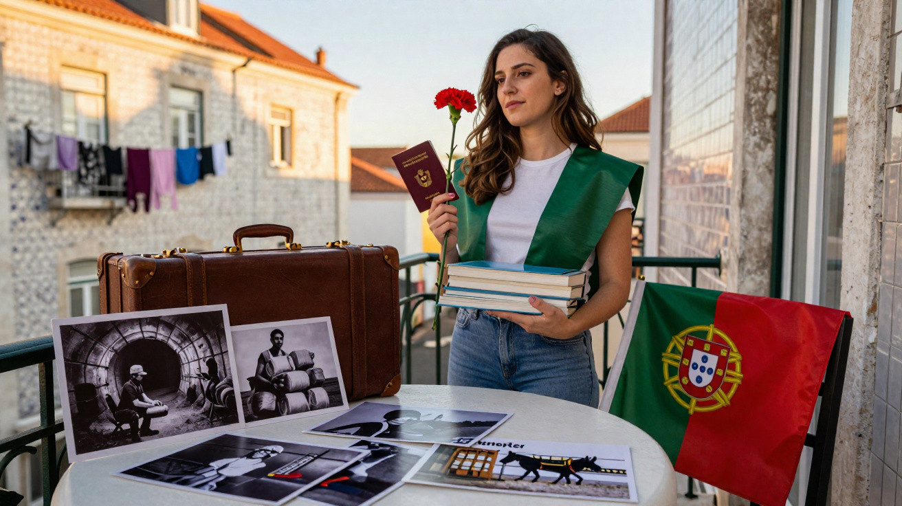 Jovem segurando cravo vermelho, livros e passaporte com bandeira de Portugal num varandim com fotografias.