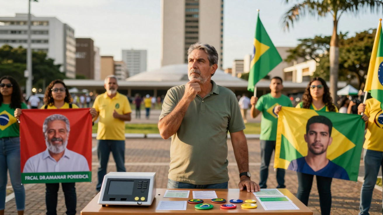 Homem pensa junto a urna eletrónica com pessoas ao fundo a segurar bandeiras e cartazes do Brasil.