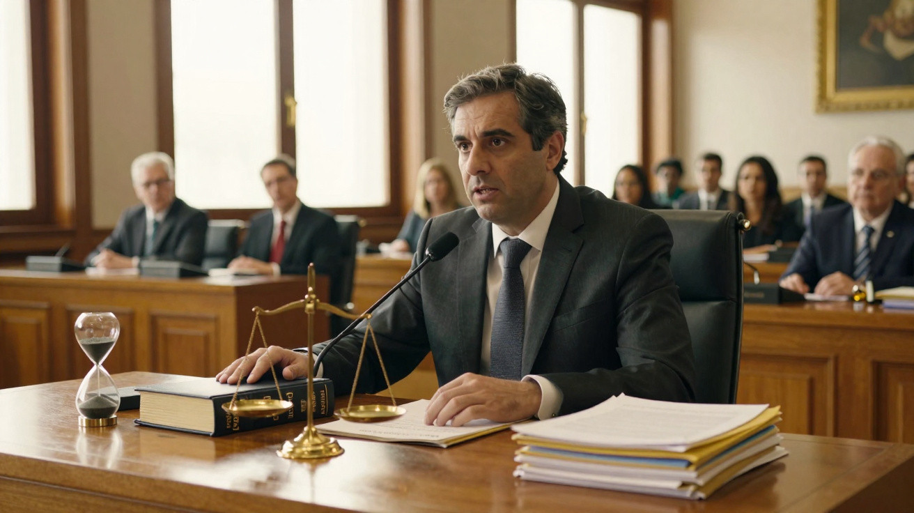 Advogado a discursar numa sala de tribunal, com balança da justiça e documentos sobre a mesa.