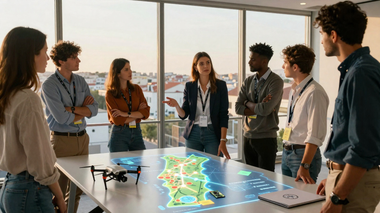 Grupo de jovens em reunião à volta de mesa com mapa holográfico de Portugal e drone num escritório moderno.
