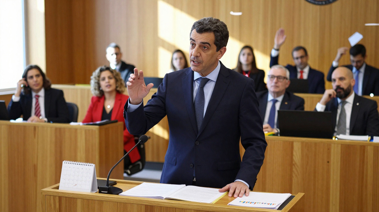 Homem de fato azul a discursar em tribunal, várias pessoas sentadas a ouvir ao fundo.